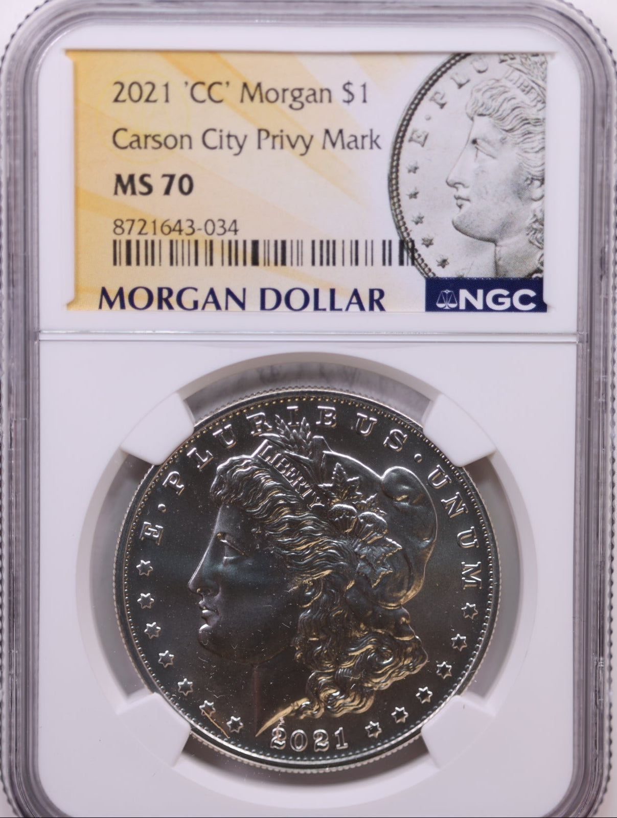 2021-CC Morgan Dollar 100th Anniversary, "CC" Privy, NGC MS 70, Store #GMC334
