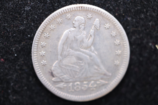 1854 Seated Liberty Quarter., Circulated Coin. Large Affordable Sale #02129