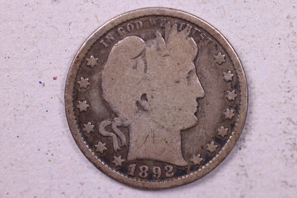 1892 Barber Silver Quarter., Very Good Circulated Coin., Store#1140