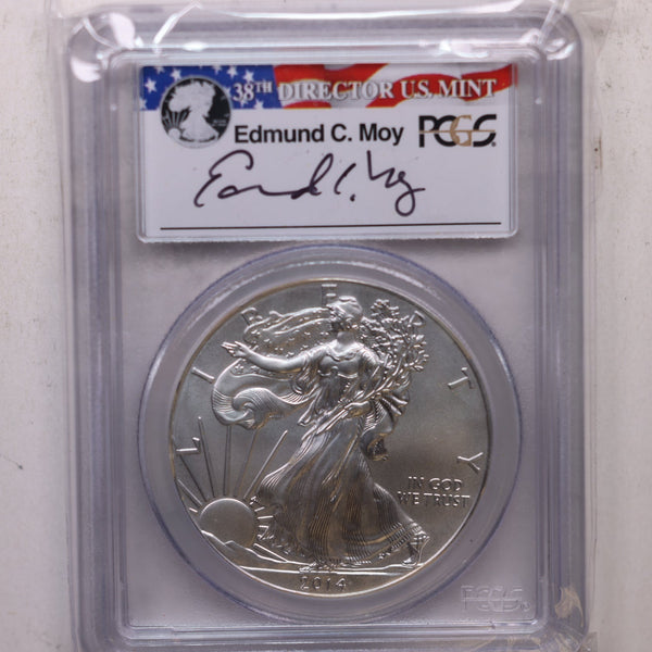 2014 American Silver Eagle, 'Edmund C. Moy' Label, PCGS MS70, Store #AE0246.