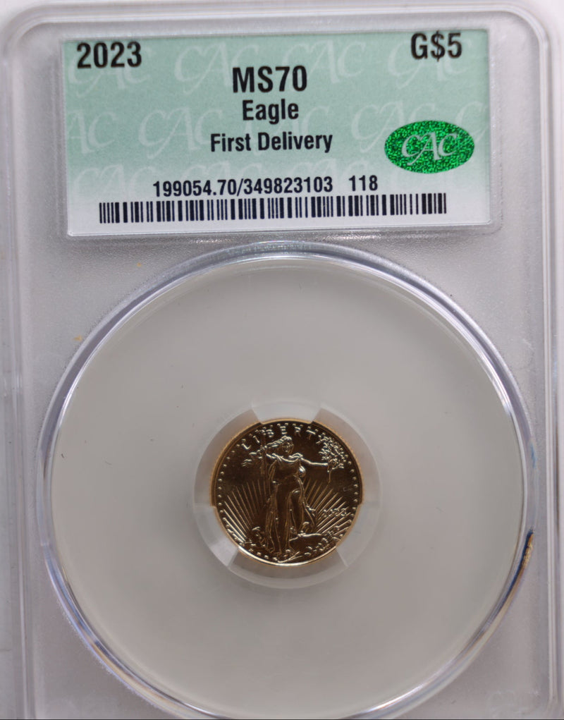 2023 $5 Gold American Eagle, 1/10 Gold Coin, CAC Graded MS-70. Store