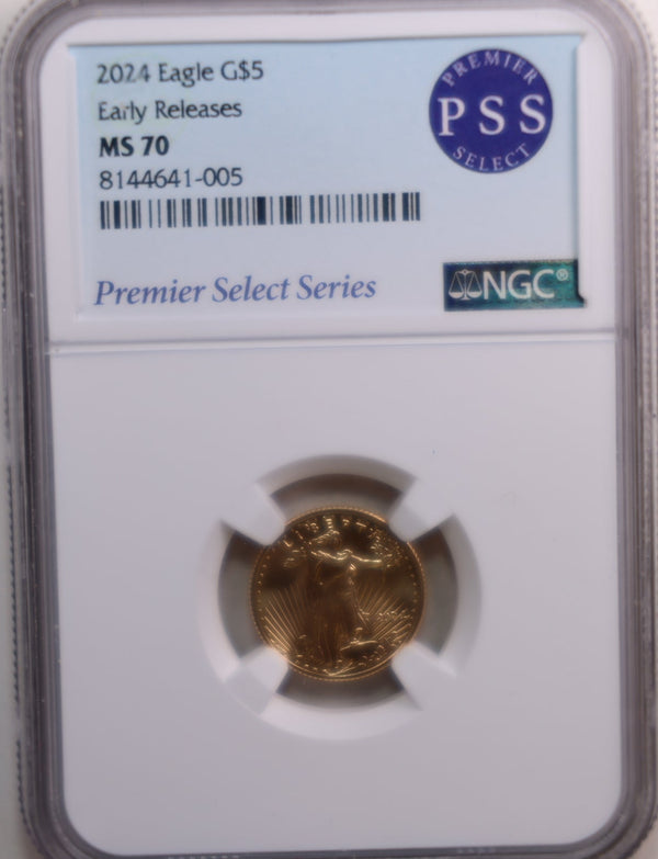 2024 $5 American Eagle, 1/10th OZT Gold Coin, NGC P.S.S. MS-70 Store #G0008.
