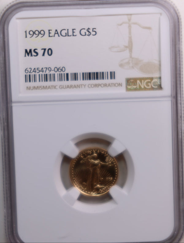 1999 $5 American Eagle, 1/10th OZT Gold Coin, NGC MS-70 Store #G0009.