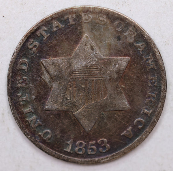 1853 Three (3) Cent Silver, Affordable Circulated Coin. Store Sale#3C001