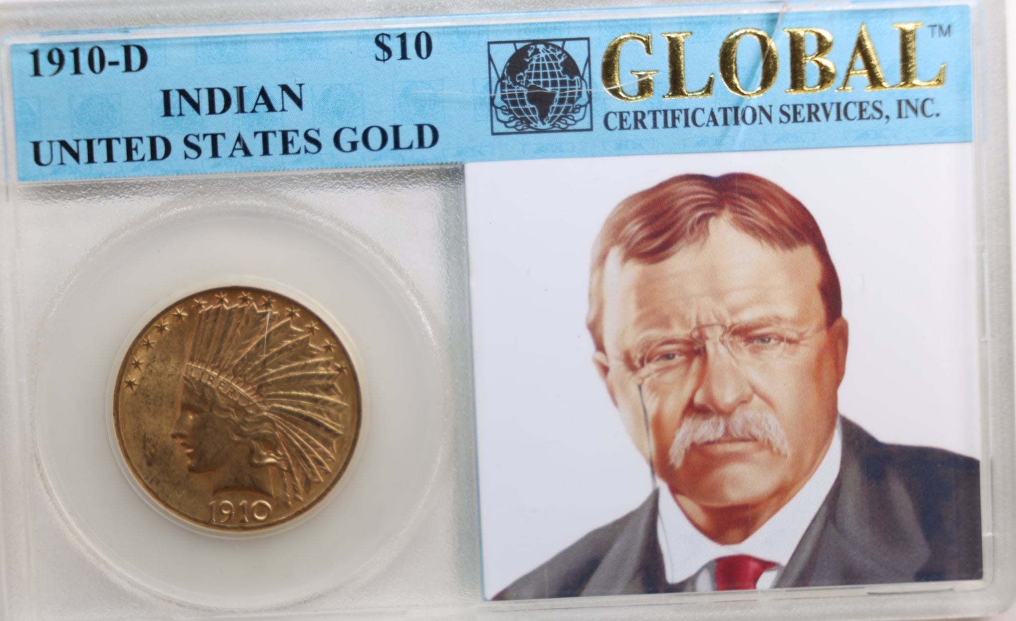 1910-D $10 Gold Indian, In a GLOBAL Certification Holder., Store Sale #G0018.