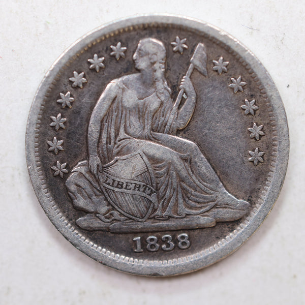 1838 Seated Liberty Dime, *LARGE STARS*, Collectible Circulated Coin, Store  #DE786.