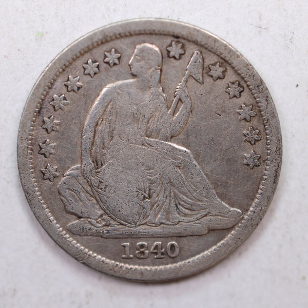1840-O Seated Liberty Silver Dime, 'No Drape', Circulated Coin, Store Sale #DE787.