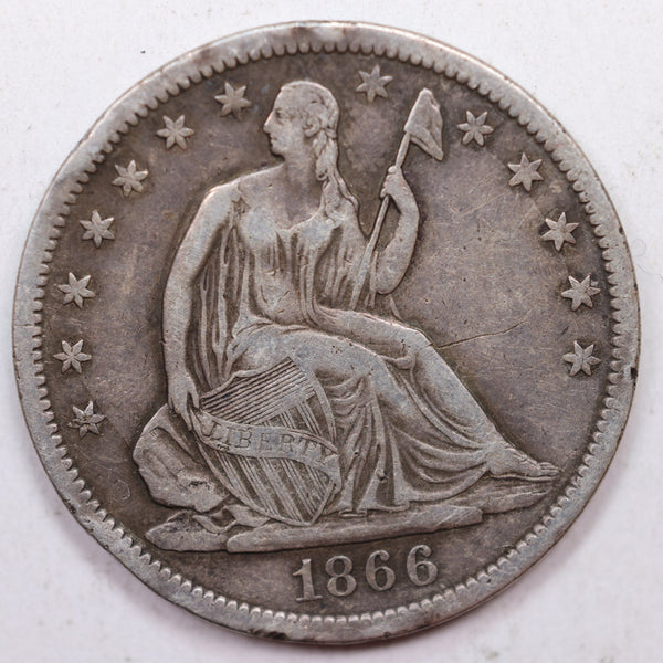 1866 Seated Liberty Half Dollar, 'Harder Date' Circulated Coin, Store Sale #HR0759.