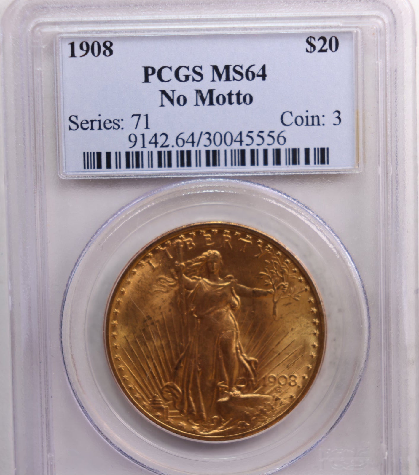 1908 $20 Gold Liberty Double Eagle, 'No Motto', PCGS MS-64,  Store Sale #G0021.