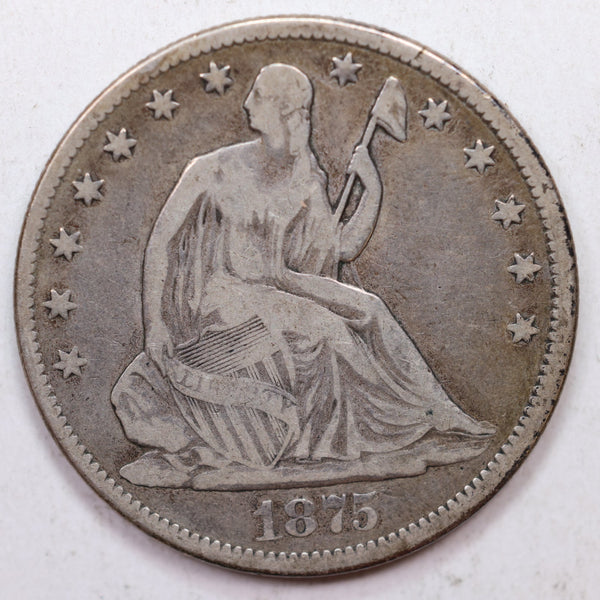 1875-CC Seated Liberty Half Dollar, 'Harder Date' Circulated Coin, Store Sale #HR0761.