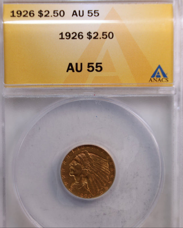 1926 $2.50 Quarter Eagle, Indian, Gold Coin, ANACS AU-55, Store Sale #G0031