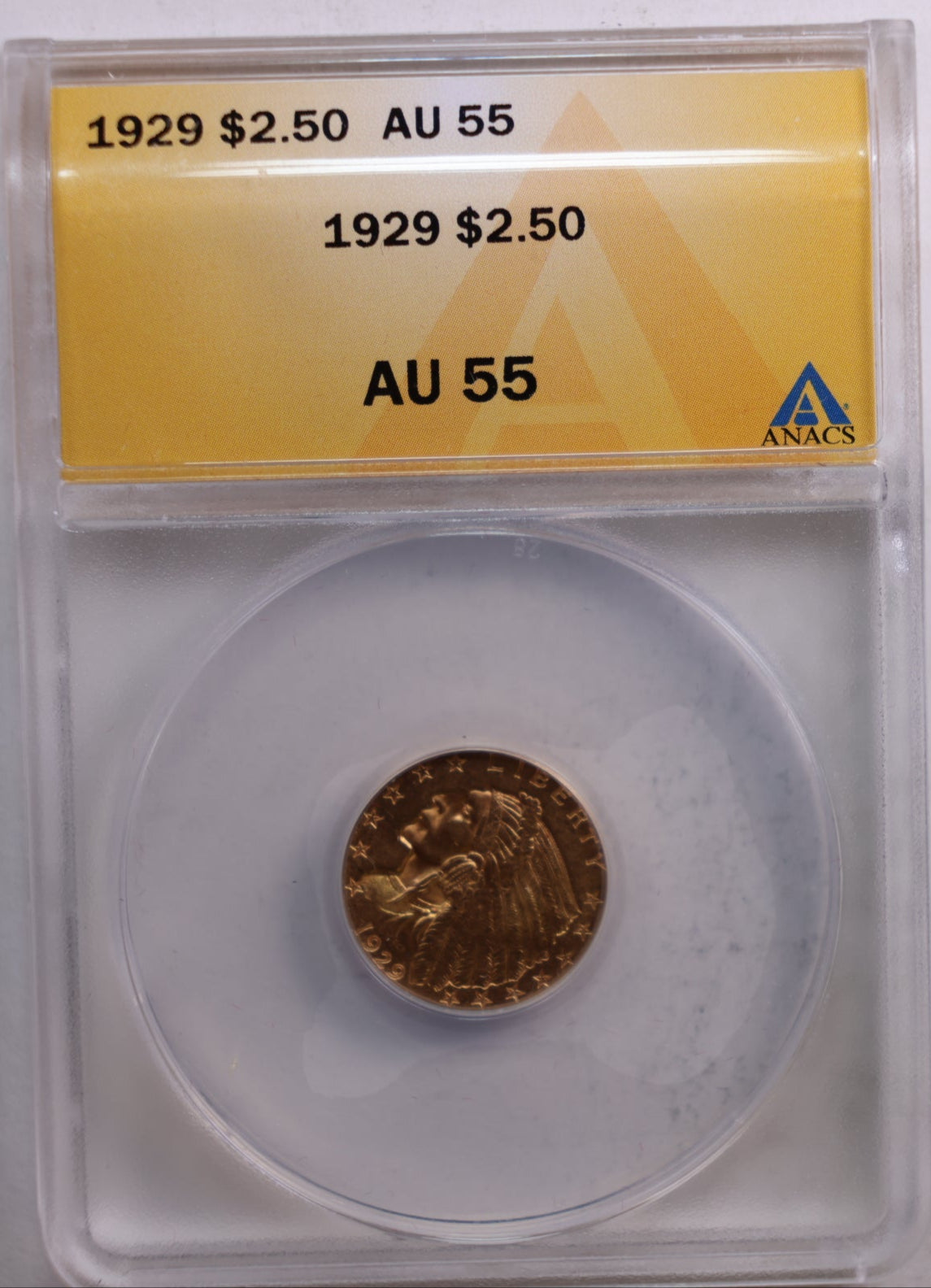 1929 $2.50 Quarter Eagle, Indian, Gold Coin, ANACS AU-55, Store Sale #G0032.