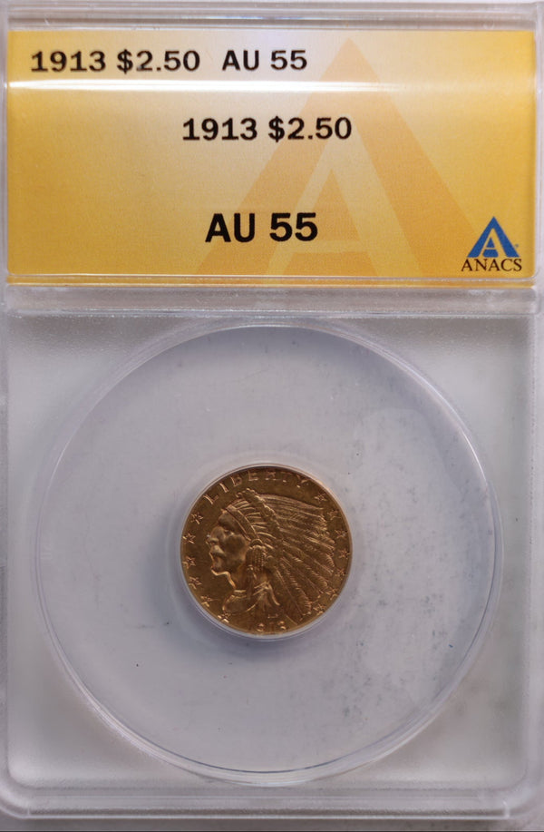 1913 $2.50 Quarter Eagle, Indian, Gold Coin, ANACS AU-55, Store Sale #G0033.