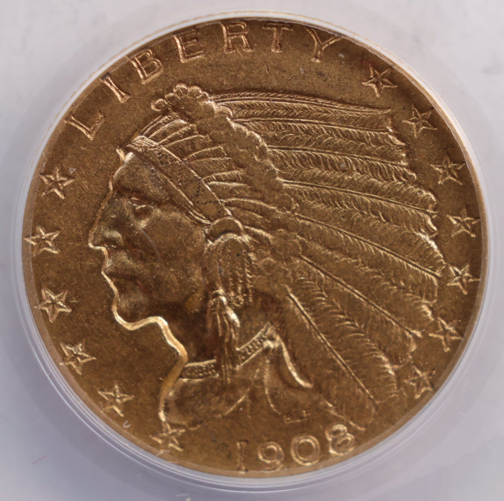 1908 $2.50 Quarter Eagle, Indian, Gold Coin, ANACS EF-45, Store Sale #G0034.