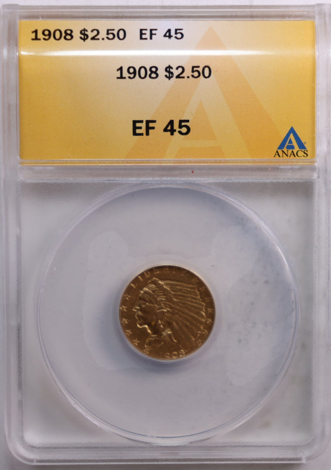 1908 $2.50 Quarter Eagle, Indian, Gold Coin, ANACS EF-45, Store Sale #G0034.