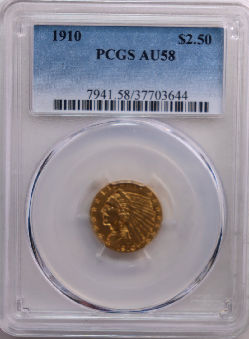 1910 $2.50 Quarter Eagle, Indian, Gold Coin, PCGS AU-58, Store Sale