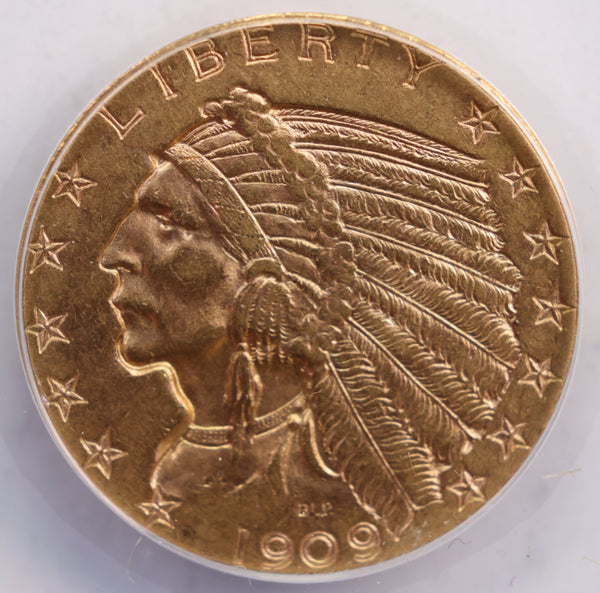 1909-D $5. Half Eagle, Indian, Gold Coin, ANACS AU-58, Store Sale #G0038.