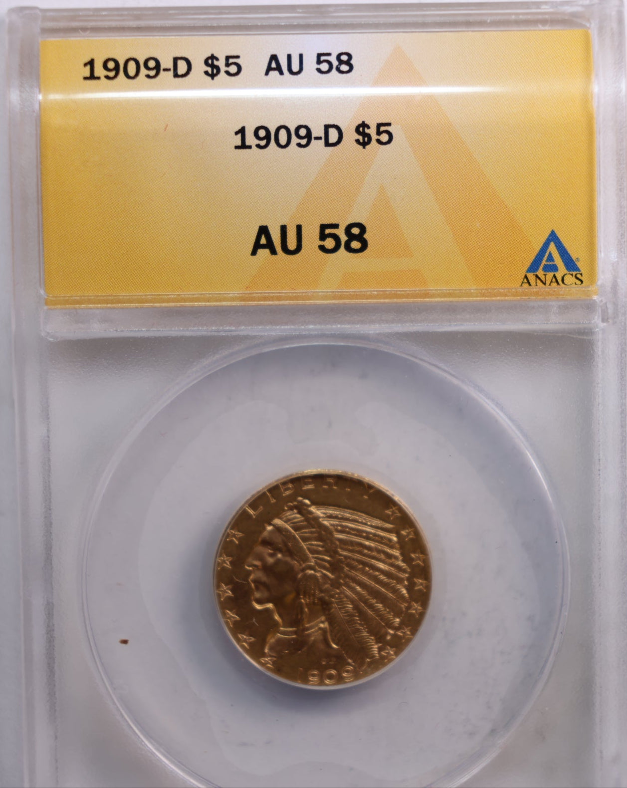 1909-D $5. Half Eagle, Indian, Gold Coin, ANACS AU-58, Store Sale #G0038.