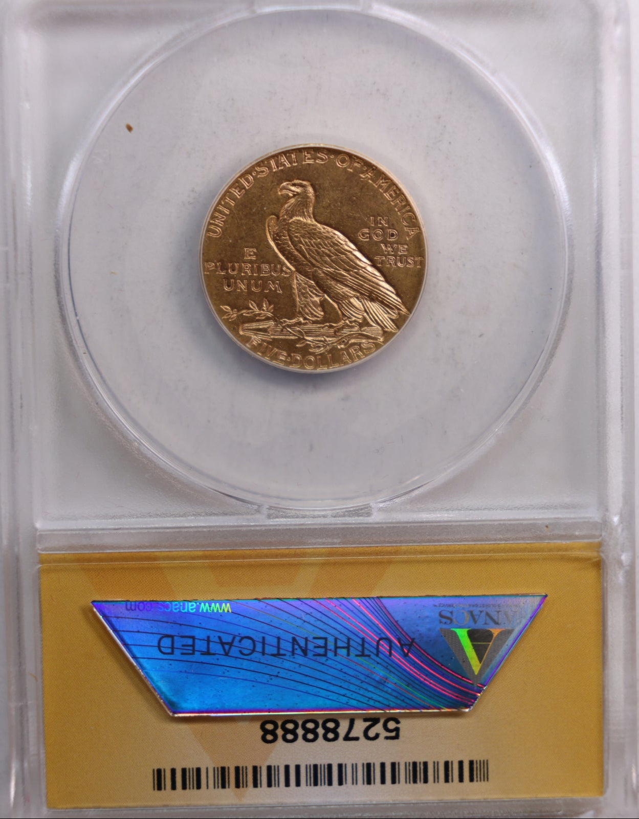 1909-D $5. Half Eagle, Indian, Gold Coin, ANACS AU-58, Store Sale #G0038.