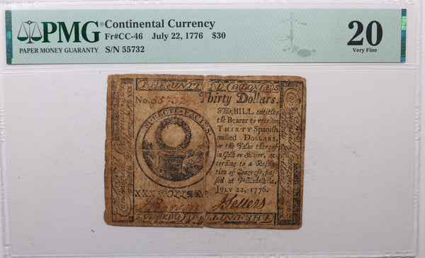July 22, 1776, $30. Continental Currency, PMG Certified VF-20, Store Sale #GCY0002