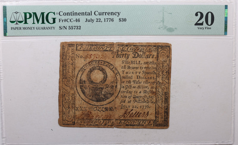 July 22, 1776, $30. Continental Currency, PMG Certified VF-20, Store Sale
