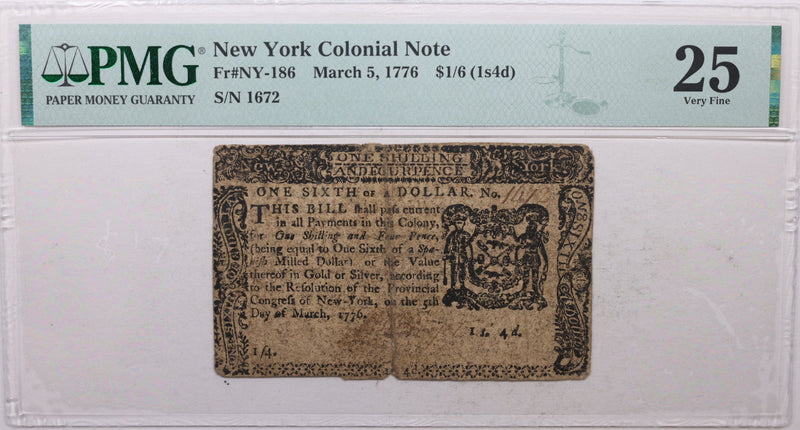 March 5, 1776, New York Continental Currency, PMG Certified VF-25, Store