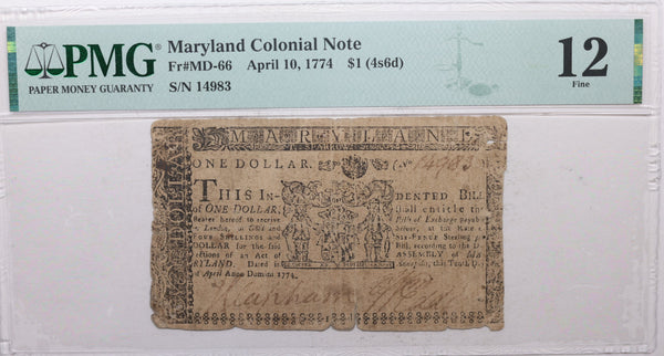 April 10, 1774, Maryland Colonial Currency, PMG Certified Fine-12, Store #GCY0009.