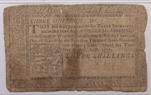April 10, 1777, Pennsylvania Colonial Currency, PMG Certified Fine-15, Store #GCY0010.