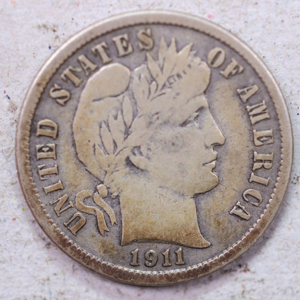 1911-S Barber Silver Dime., Very Fine., Circulated Coin., Store #1321