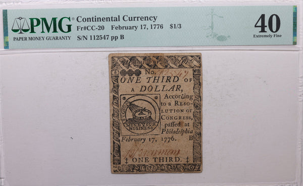 February 17, 1776, Continental Currency, PMG Certified Extra Fine-40, Store #GCY0013.