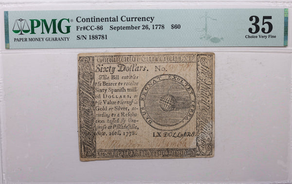 September 26, 1778, Continental Currency, PMG Certified VF-35, Store #GCY0021.