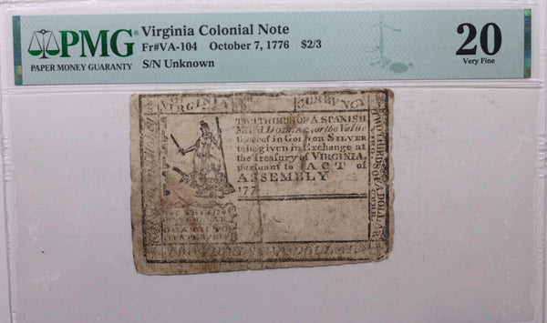 October 7, 1776, Virginia Colonial Currency, PMG Certified VF-20, Store #GCY0023.