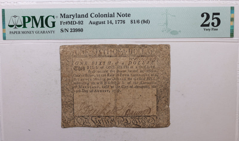 August 14, 1776, Maryland Colonial Currency, PMG Certified VF-25, Store