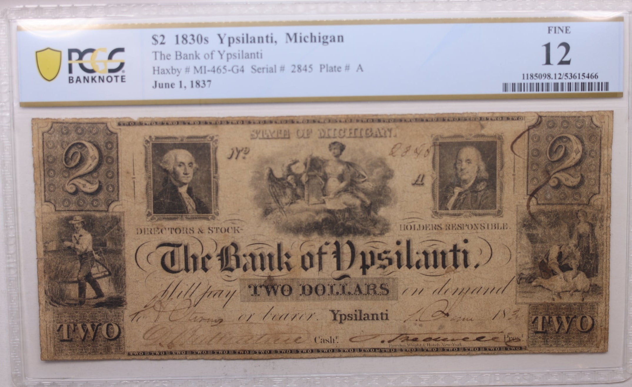 1834 $2, Bank of Ypsilanti, MI, MI-465-G4. PCGS Fine-12, Store #GMI0109.