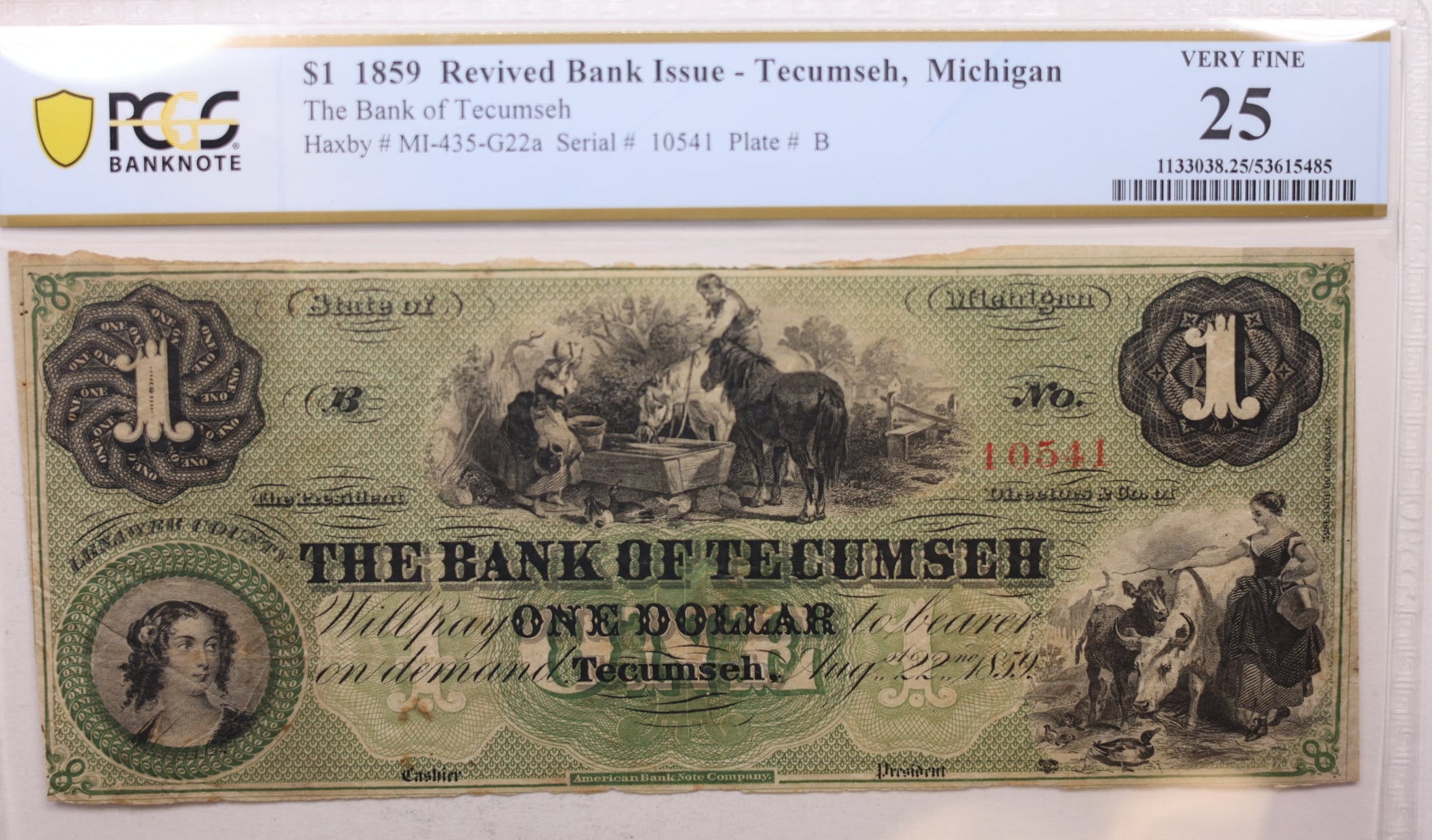 1859 $1, Revived Bank-Tecumseh, MI, MI435-G22a. PCGS VF-25, Store #GMI0110.