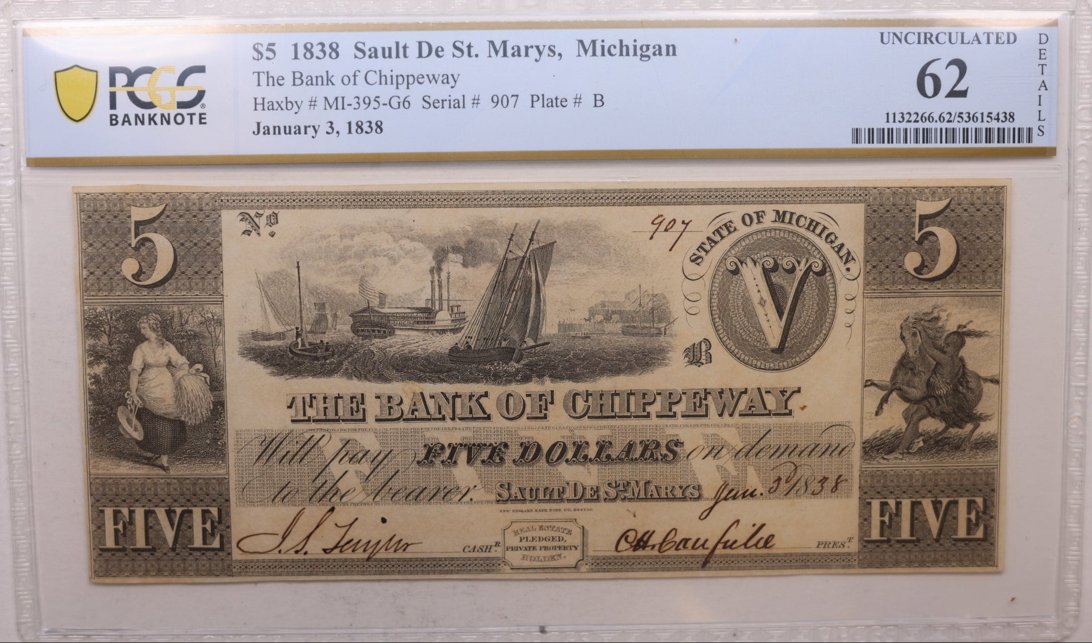 1838 $5, Sault De St. Marys, MI, MI-395-G6, PCGS CU-62, Chippeway bank, Store #GMI0111.