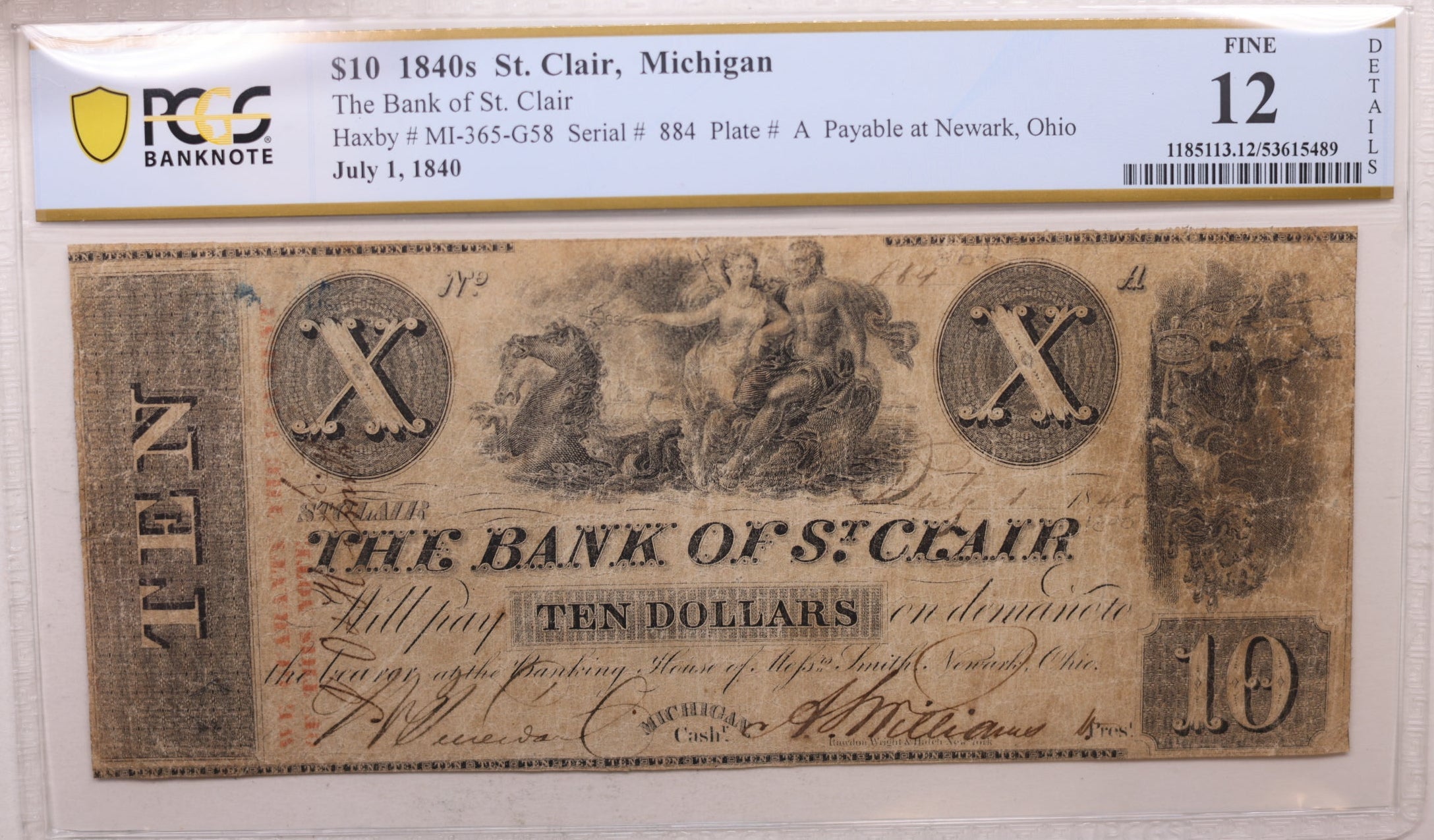 1843 $10, St Clair, MI, Obsolete Currency, MI-365-G58, PCGS Fine-12, Store #GMI0113.