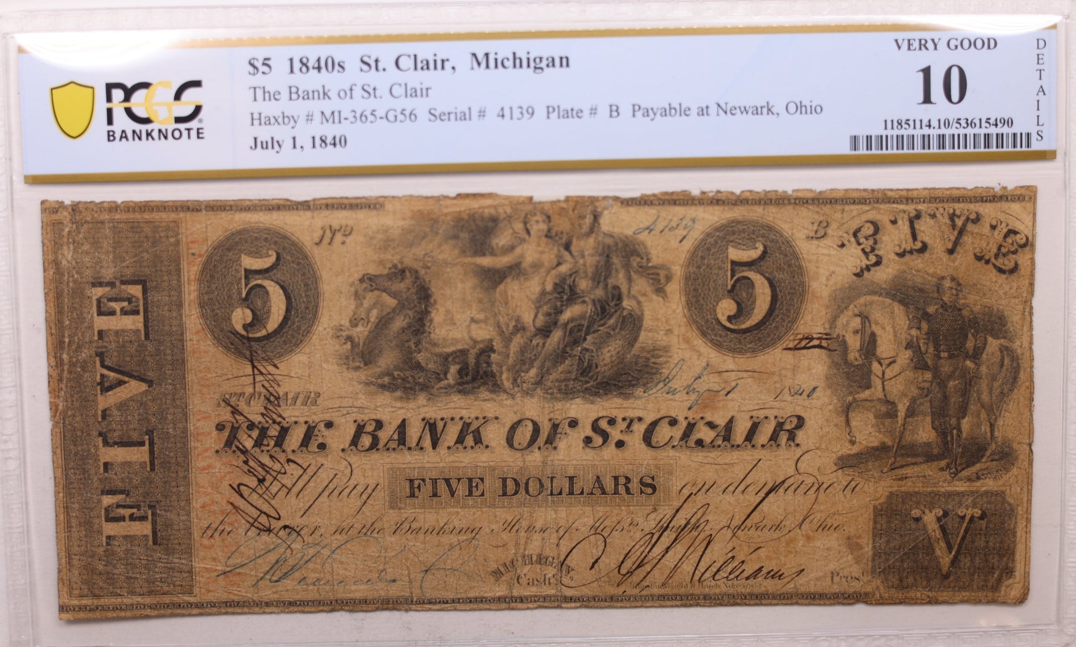 1840 $10, St Clair, MI, Obsolete Currency, MI-365-G56, PCGS VG-10, Store #GMI0114.