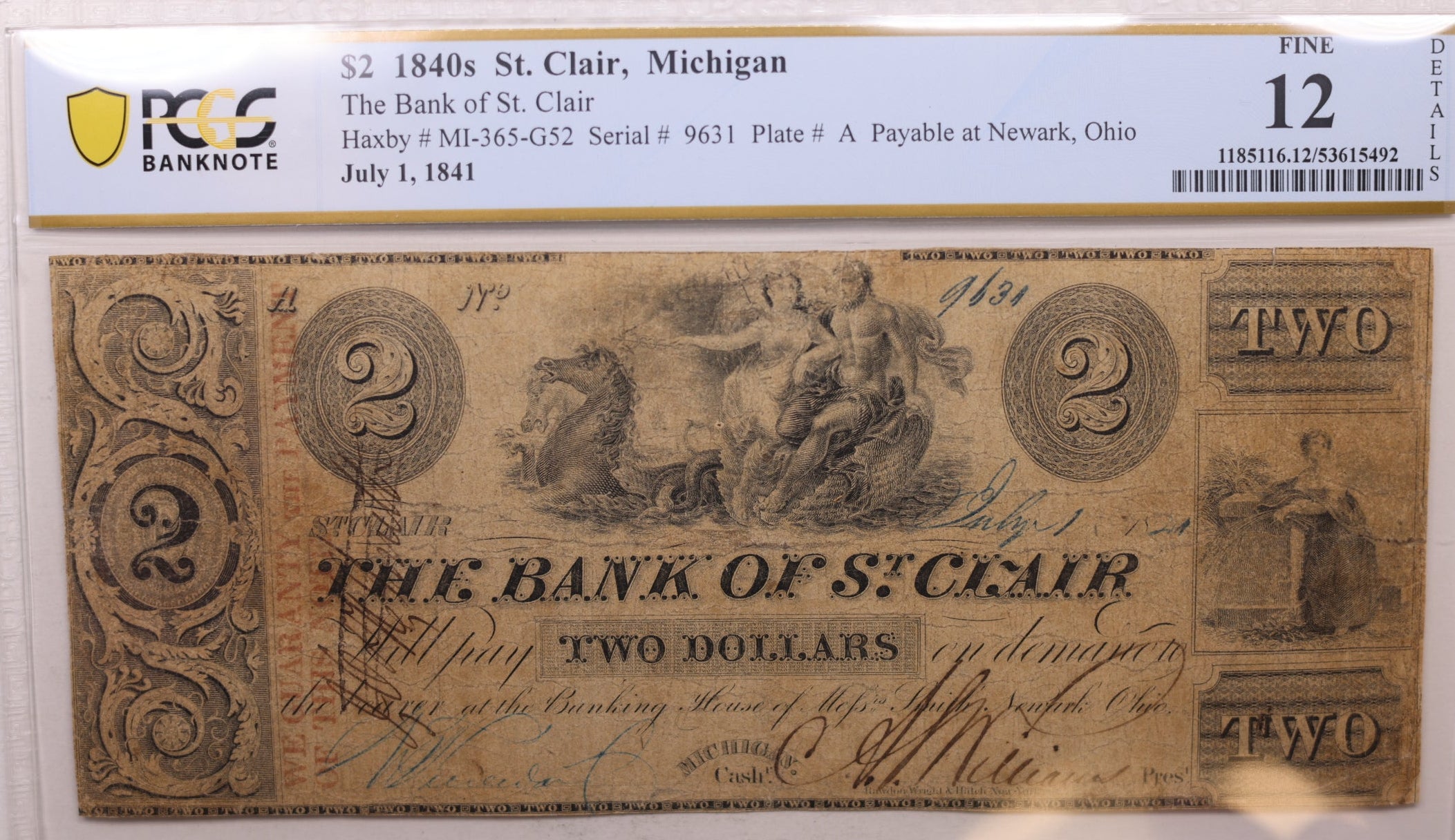 1840 $2, St Clair, MI, Obsolete Currency, MI-365-G52, PCGS F-12, Store #GMI0116.