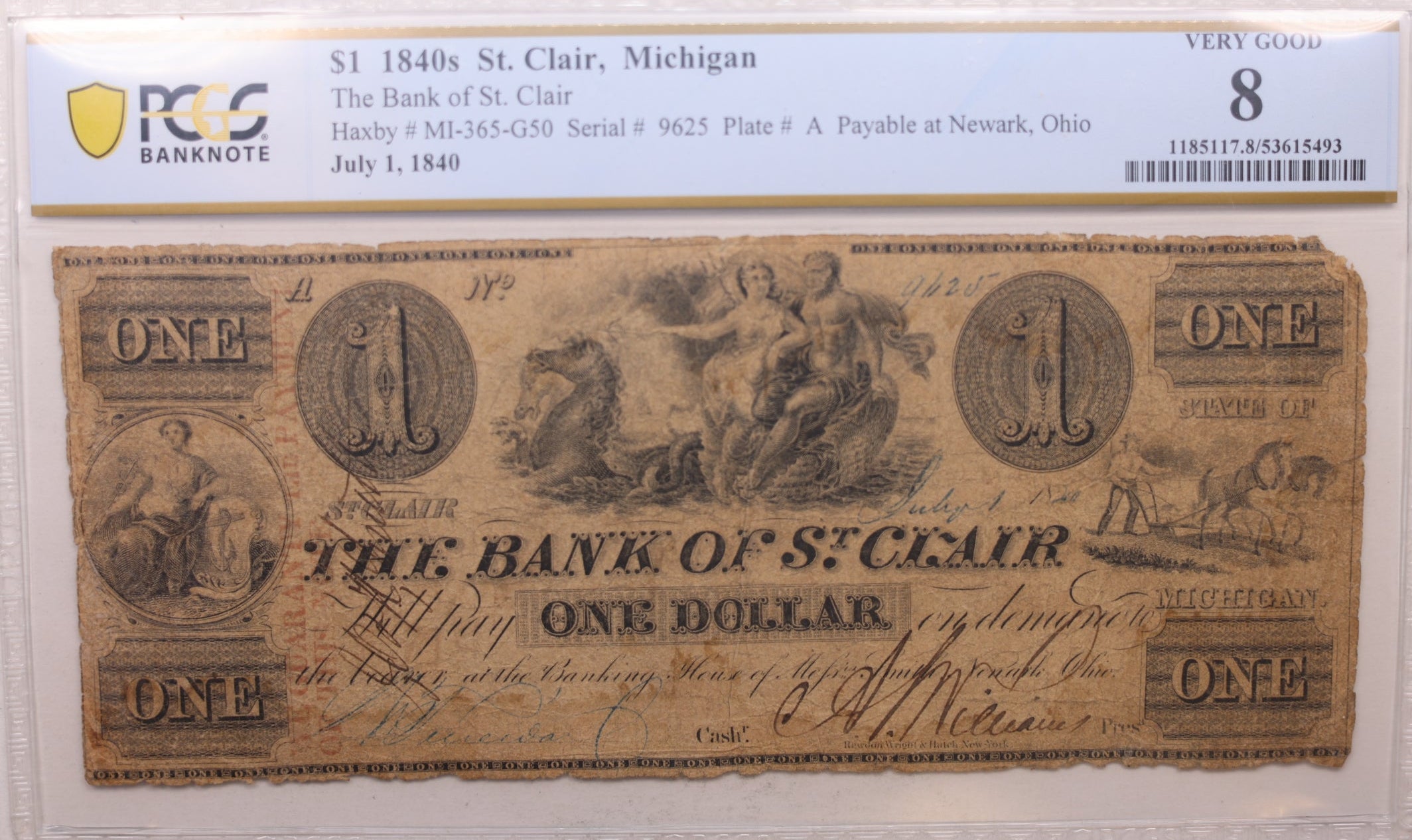 1840 $1, St Clair, MI, Obsolete Currency, MI-365-G50, PCGS VG-8, Store #GMI0117.