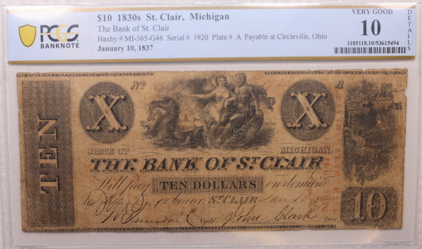 1830 $10, St Clair, MI, Obsolete Currency, MI-365-G46, PCGS VG-10, Store #GMI0118.