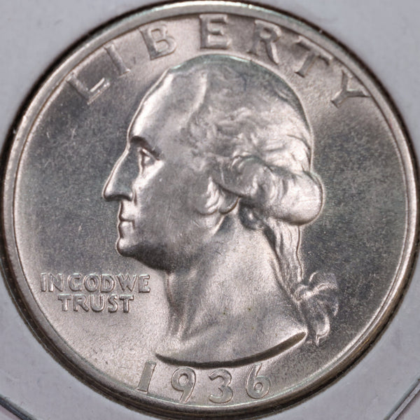 1936 Washington Silver Quarter, Mint State Uncirculated Coin, Store #QR0218