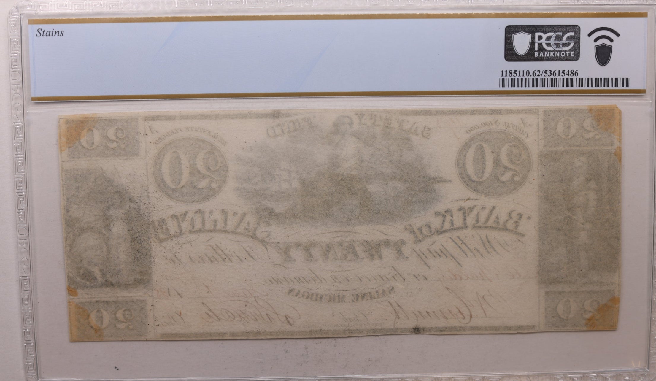 1838 $20, Saline, MI, Obsolete Currency, MI-385-G12, PCGS MS-62, Store #GMI0121.
