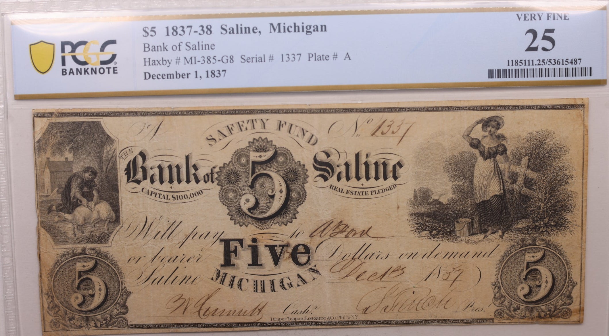 1837 $5, Saline, MI, Obsolete Currency, MI-385-G8, PCGS VF-25, Store #GMI0122.