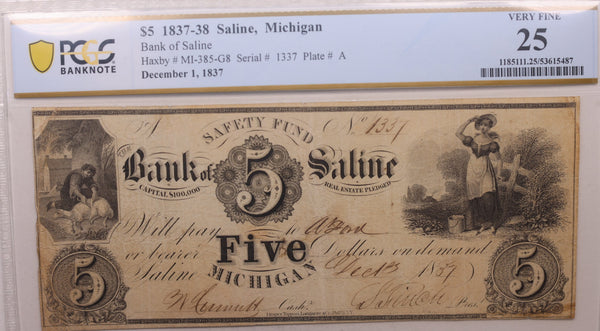 1837 $5, Saline, MI, Obsolete Currency, MI-385-G8, PCGS VF-25, Store #GMI0122.