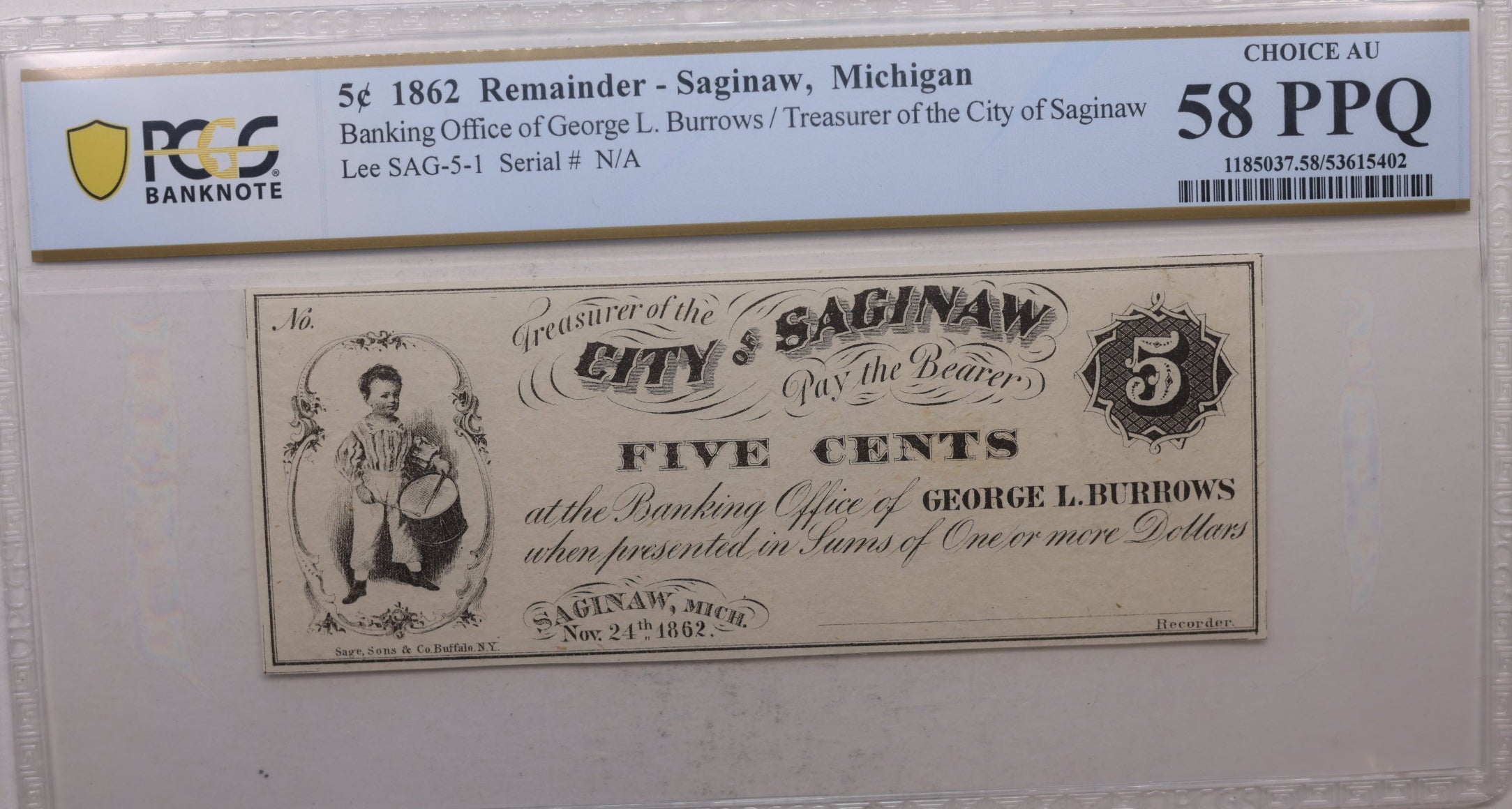 1862 5 Cent, Saginaw, MI, George L. Burrows, Treasurer, PCGS AU-58, Store #GMI0123.