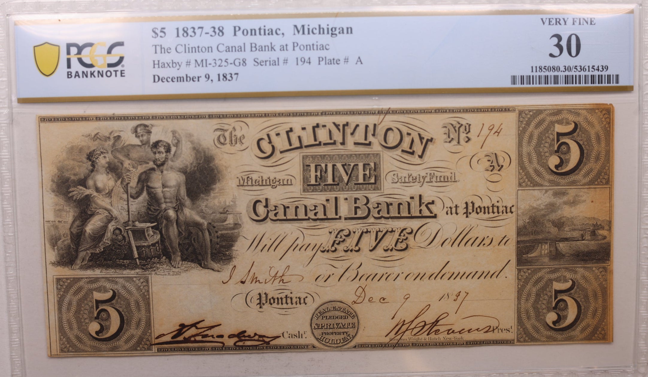 1837 $5, Pontiac, MI, Clinton Canal Bank, MI-325-G8, PCGS VF-30, Store #GMI0131.