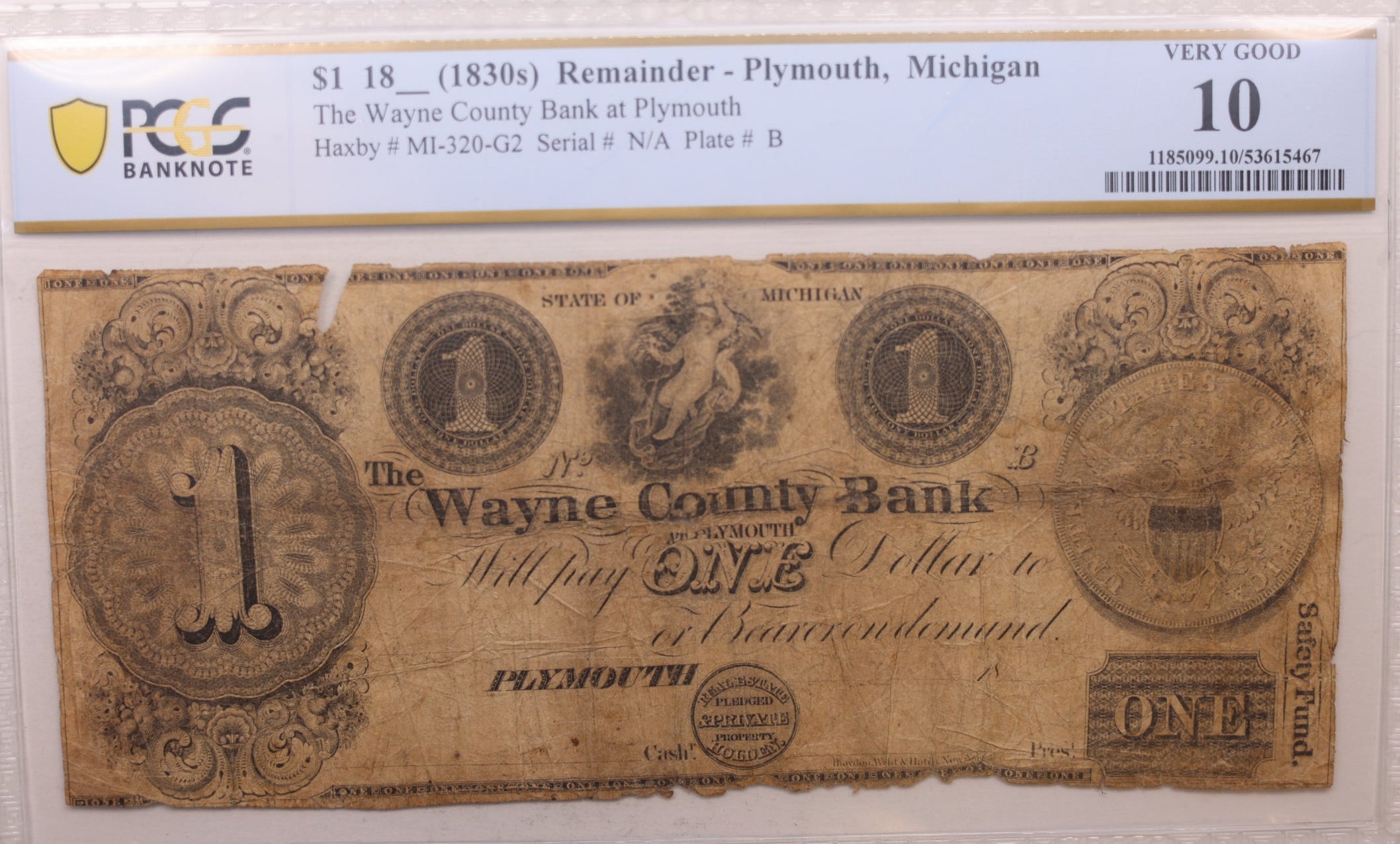 18__ $1, Wayne County Bank at Plymouth, MI-320-G2, PCGS VG-10, Store #GMI0132.