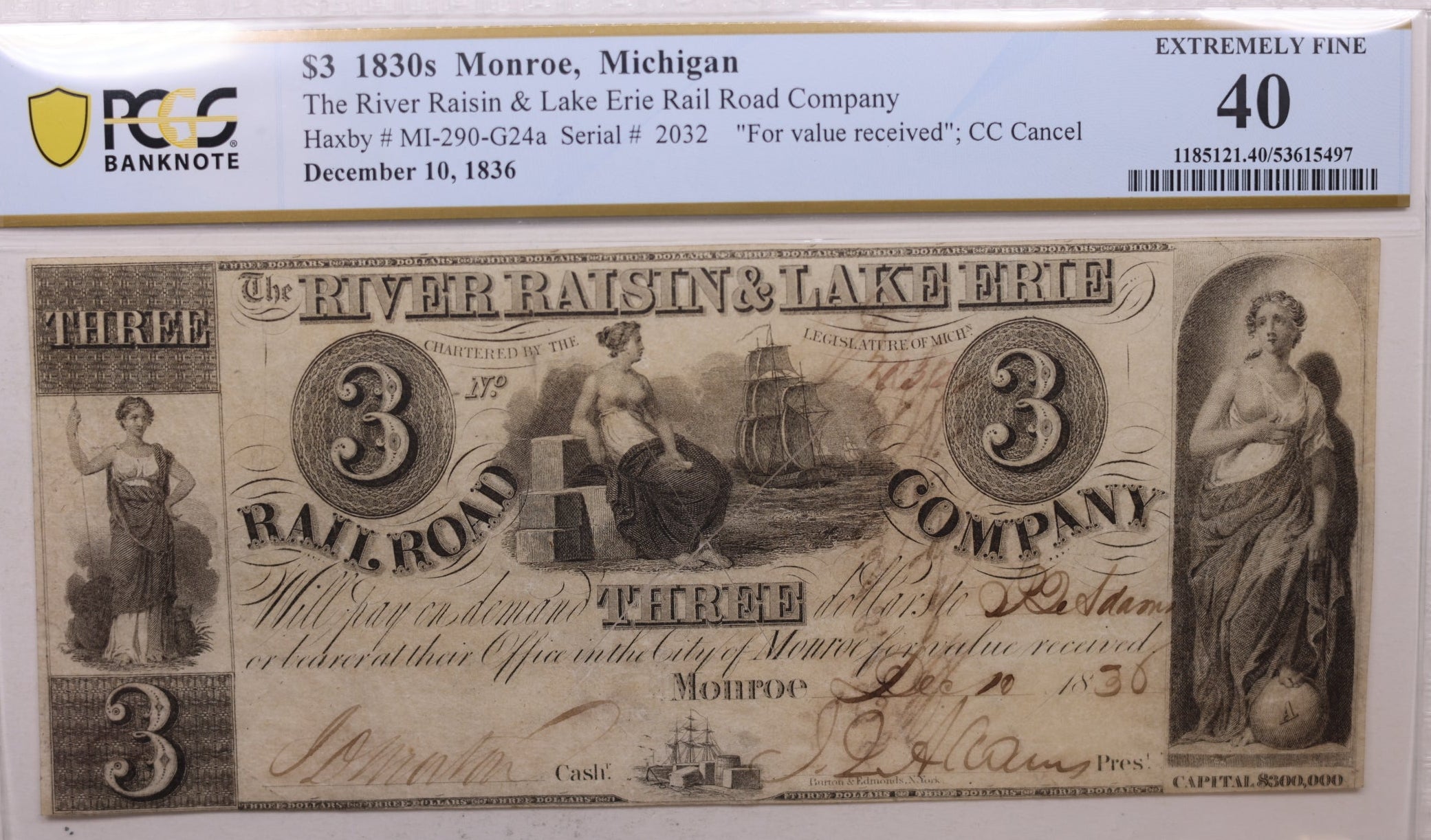 1836 $3, Monroe, River Raisin & Erie R/R, MI-290-G24a, PCGS XF-40, Store #GMI0136.