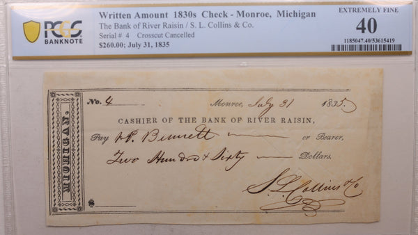 1835 $260. Bank Check, Bank of River Raisin, MI, PCGS XF-40, Store #GMI0137.